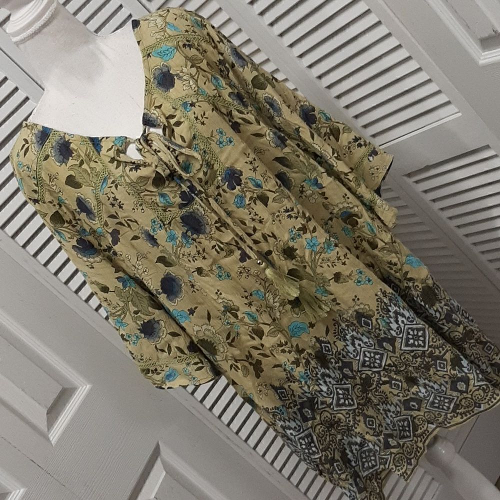 Evans Green and Blue Print Flowy Shirt with Tassels NWOT